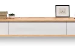Meuble TV flottant moderne avec portes rabattables, étagère de meuble TV flottante en bois massif avec tiroirs, centre de divertissement flottant mural, console TV, console multimédia, meubl