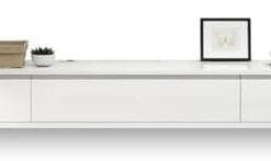 Meuble TV flottant moderne avec portes rabattables, étagère flottante en bois massif avec tiroirs, centre de divertissement flottant mural, console TV, console multimédia, meuble TV pour sal