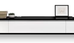 Meuble TV flottant moderne avec portes rabattables, étagère flottante en bois massif avec tiroirs, centre de divertissement flottant mural, console TV, console multimédia, meuble TV pour sal