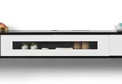 Meuble TV flottant Console TV flottante moderne avec tiroirs 55,1'' Support TV mural avec porte rabattable Console multimédia flottante pour chambre à coucher. (Blanc + Noir, 180x24x20CM/70,
