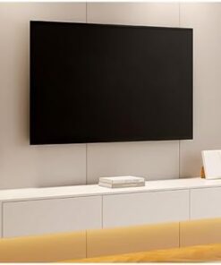 Meuble TV flottant blanc avec tiroirs et portes, console multimédia murale, support d'étagère TV, meuble de rangement TV, centre de divertissement en bois, table TV, plateau TV pour salon (b