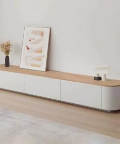 Meuble TV sur Pied, Console multimédia de Salon, Meuble TV en Bois pour Grands écrans, Meuble TV avec étagères et Portes, Meuble TV Moderne avec Rangement (Naturel, 160 cm)