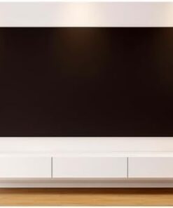 Meuble TV Blanc avec Rangement, Meuble TV en Bois Massif, Longs Supports de télévision avec Dos Creux et Trou pour câble, Plateaux TV flottants, Table TV de Centre de Divertissement pour sal