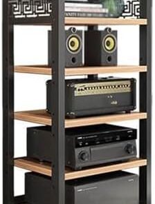 Support de tourne-disque, meuble de rangement stéréo, étagère pour console multimédia, petit centre de divertissement, support multimédia, étagère de jeu, tour de support audio avec étagères