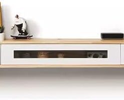 Meuble TV flottant en bois, console TV murale, meuble TV, centre de divertissement, console multimédia, support de divertissement pour salon, chambre à coucher (couleur : naturel + blanc, ta