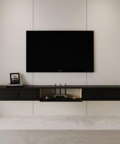 Console TV Murale en Bois Massif, Meuble TV Flottant, Meuble TV Mural avec 2 tiroirs, étagère Audio/vidéo, Meuble de Rangement avec Larges comptoirs pour Le Salon de la Maison.