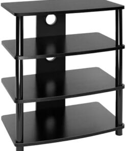 Meuble multimédia en bois pour composants AV, tour audio et centre multimédia avec 4 étagères, meuble TV d'angle ouvert pour salon avec 3 trous pour cordons pour la maison/le bureau/le ciném