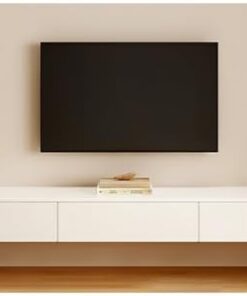 Meuble TV flottant moderne avec tiroirs et portes de rangement, meuble de console multimédia mural, meuble de rangement TV blanc, centre de divertissement en bois pour salon (blanc, 140 x 24