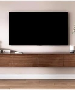 Meuble TV en bois avec tiroirs et portes, meuble de rangement mural pour console multimédia, meuble de rangement TV flottant, centre de divertissement moderne avec dos creux et trou de route
