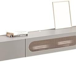 Meuble TV Mural Moderne Suspendu avec tiroirs et Portes, Console multimédia en Bois, Centre de Divertissement élégant et étagère de Rangement pour Salon, Gris (140 x 24 x 20 cm)