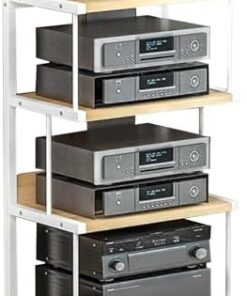 Meuble de Rangement multimédia, Support de Rack Audio-vidéo, étagère d'angle de Support multimédia AV à 4 Niveaux, Armoire stéréo avec poulie, pour Composants stéréo de Divertissement