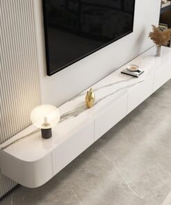 Meuble TV flottant à fixation murale, meuble TV flottant en bois massif, banc TV multimédia, meuble de rangement mural, console TV multifonctionnelle pour salon/chambre à coucher (blanc-A, 120 cm