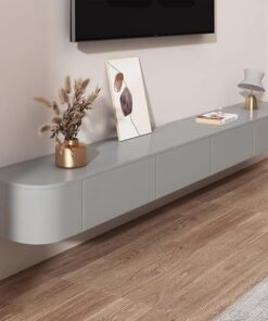 Meuble TV flottant à fixation murale, meuble TV flottant en bois massif, banc TV multimédia, meuble de rangement mural, console TV multifonctionnelle pour salon/chambre à coucher (gris, 160 cm /