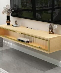 Générique Petit Meuble TV, Console TV Flottante, Centre de Divertissement, Meuble TV avec Porte en Verre Rabattable, pour Chambre à Coucher, Salle multimédia, Petit Salon (Couleur : Naturel, Taille :