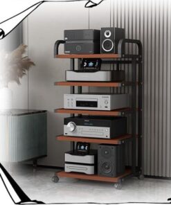 Meuble stéréo 3, 4 ou 5 Niveaux, Support multimédia AV, Support d'amplificateur HiFi, Meuble Audio/vidéo avec roulettes de Frein et étagère de Rangement Ouverte (Noir et Teck, 5 Niveaux, 105