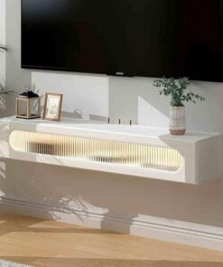 Étagère TV flottante, console multimédia, meuble TV mural avec porte à rabat, meuble TV en bois massif avec tiroirs de rangement avec trou pour câble pour la maison et le bureau, le salon, l