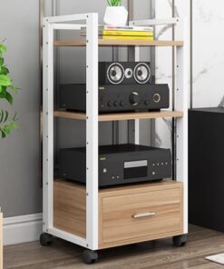 Étagère à 4 Niveaux avec roulettes et Pieds, Support multimédia réglable pour platines vinyles, Consoles de Jeux, lecteurs DVD et projecteurs, Design en métal et Bois, Solution de Rangement