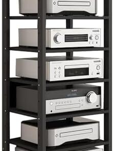 Armoires de rangement audio vidéo hautes à 7 niveaux, meuble d'angle mobile pour téléviseur/lecteur de disques, support stéréo de divertissement, tour multimédia avec étagère réglable pour s