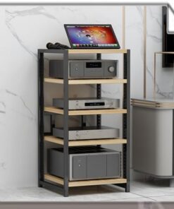 Support multimédia HiFi à 4/5/6 Niveaux, Meuble de Divertissement, amplificateur réglable, Tourne-Disque Mobile, Tour Audio (Noyer Clair, 80 cm/31,4 Pouces)