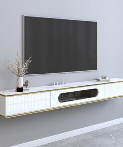 Meuble TV Flottant Moderne, Meuble TV Mural avec tiroirs de Rangement, Centre de Divertissement Flottant, étagère Audio/vidéo avec Porte Rabattable, Console TV Flottante pour Salon.
