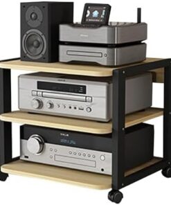 Support multimédia AV à 3 Niveaux, Tour Audio en Rack avec étagères réglables, Armoire de Rangement multimédia avec poulie, pour Jeux, réunions, Salon, Salle d'enregistrement (Noyer)