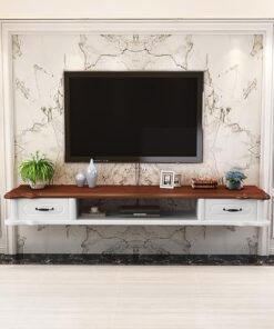 Étagères TV murales avec porte, meuble TV flottant avec 2 tiroirs, console multimédia de divertissement moderne, meuble TV mural brillant avec trous pour câbles, adapté au salon, à la chambr