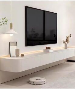 Meuble TV flottant en bois avec tiroirs de rangement, étagère murale pour console multimédia, meuble de rangement TV blanc avec dos creux et trou pour câble, centre de divertissement pour sa