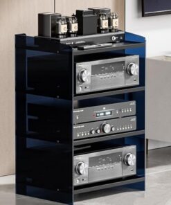 Meuble de Rangement Audio/vidéo en Acrylique, Tour Audio d'angle, étagères réglables, Support HiFi pour la Maison et Le Bureau, 3/4 Couches (foncé + Noir, 4 Niveaux)