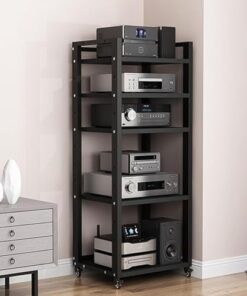 Support audio vidéo, support multimédia AV à 5 niveaux, facile à assembler, armoire de composants stéréo multimédia pour lecteur DVD/console de jeu/projecteur/imprimante, étagère de rangemen