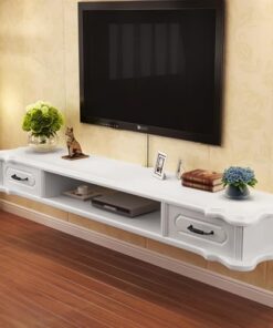 Meuble TV flottant en bois, meuble TV mural, étagère TV flottante, étagère audio-vidéo, grand rangement, banc TV pour salon, armoire murale de rangement pour chambre à coucher. (Blanc, 120 x