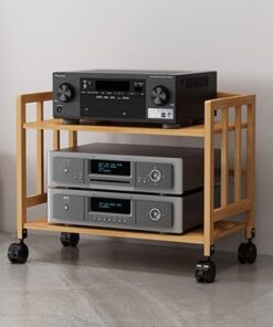 Support audio, hauteur réglable, supports stéréo mobiles en bambou naturel avec roulettes, étagère multimédia AV à 2 niveaux pour cinéma à domicile, bureau, étagère en bois pour support d'am