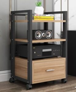 Support de Tourne-Disque à roulettes, Meuble stéréo d'angle à 3 Niveaux pour projecteur/TV/routeurs/Enceintes, étagère de Rangement multimédia réglable en Hauteur (B)