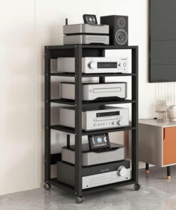 Support multimédia à 4/5/6 Niveaux, Support Audio, Support de Lecteur, Armoire de Rangement pour Composants stéréo avec étagère en Bois réglable en Hauteur pour la Maison/Le Bureau/Le cinéma