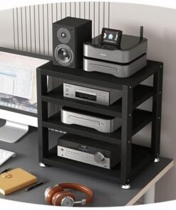Amplificateur de Bureau à 3 Niveaux, Support HiFi, Support multimédia AV, étagère en Bois, Support stéréo d'angle, Tour Audio, Meuble de Divertissement de Bureau (Noir, 4 Niveaux)