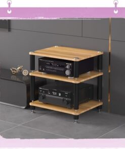 Meuble de Rangement AV 3/4 Niveaux, Support HiFi, Support d'amplificateur, Support Audio, Centre multimédia Ouvert, Support multimédia d'angle Moderne Audio-vidéo (Noyer Clair, 3 Niveaux)