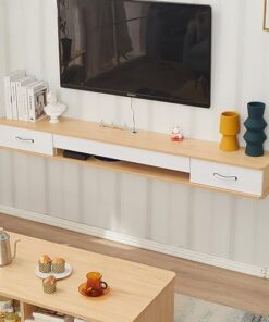Meuble TV Mural, étagère TV Flottante, Table Console multimédia avec Porte à Rabat, Meuble Flottant sous TV avec 2 tiroirs, Supports de télévision, pour Chambre à Coucher, Salon, Maison et b