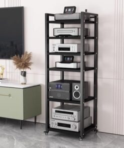 Support multimédia AV à 5/6/7/8 niveaux, support audio TV d'angle mobile et robuste, meuble de console pour tourne-disque avec roulettes, étagère à composants stéréo roulante pour salon/mais