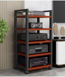Meuble stéréo AV Rack avec étagères réglables - Meuble stéréo d'angle en Bois à 5 Niveaux sur roulettes pour Support de Tourne-Disque, Lecteur CD/DVD - Multifonctionnel