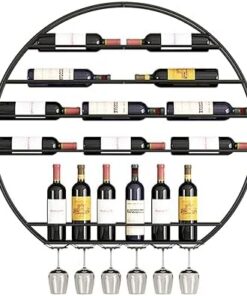 Étagère à vin Ronde Murale Flottante pour Bar, présentoir pour Bouteilles d'alcool, Support Mural pour Bouteilles d'alcool avec Support Suspendu pour Verres à vin, Support de Bar pour la mai