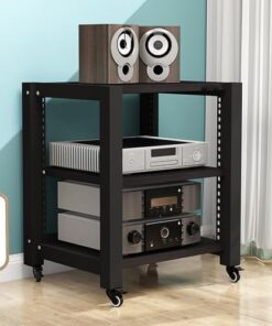 Meuble TV Robuste à roulettes, Support multimédia réglable à 3 Niveaux pour platines vinyles, Consoles de Jeux, lecteurs DVD - Meuble de Rangement multimédia (Bois)