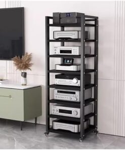 Rack, Meuble AV, avec étagères réglables en Hauteur et roulettes, Rack pour Haut-parleurs Hi-FI Robuste à 5/6/7 Niveaux de Style Ouvert, adapté aux équipements Audio, au Rangement de DVD, au