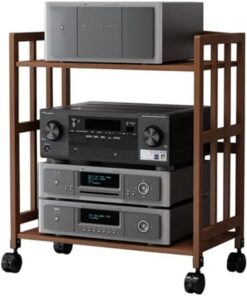 Support multimédia AV à 2 niveaux avec roulettes, étagères en bois de bambou naturel, armoire de rangement pour composants stéréo, tour audio, centre de divertissement d'angle pour lecteur C