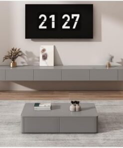 Générique Meuble TV Flottant avec tiroirs et Porte, Console multimédia Murale en Bois, Support de Rangement TV pour Salon, Rangement de Grande capacité (Gris, 140 cm)