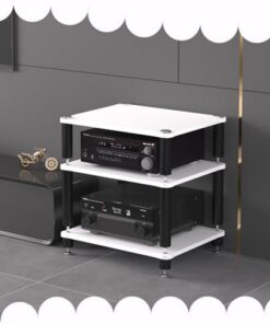 Meuble multimédia AV Blanc à 3 Niveaux, Support d'angle pour Composants Audio et vidéo, Support de Lecteur CD Ouvert, étagère en Bois et Cadre en Acier, Meuble de Rangement stéréo pour la ma
