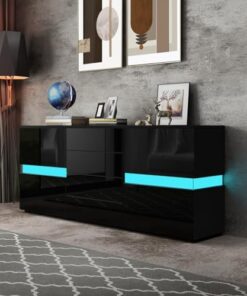 Générique Buffet LED Moderne avec façade Brillante et Meuble de Rangement pour TV avec 2 Portes et 4 tiroirs pour Salon, Salle à Manger, Blanc 177 x 35 x 72 cm