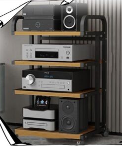 Meuble stéréo 3, 4 ou 5 Niveaux, Support multimédia AV, Support d'amplificateur HiFi, Meuble Audio/vidéo avec roulettes de Frein et étagère de Rangement Ouverte (Noir et Noyer, 4 Niveaux, 85