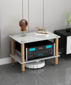 Étagères HiFi 3/4 Niveaux, Meuble de Rangement multimédia, étagères en Verre trempé, Pieds en Bois Massif Absorbant Les Chocs pour armoires Audio (Blanc, 2 Niveaux)