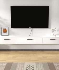 Support Mural Flottant pour téléviseur - Longue étagère avec Rangement à Porte Rabattable - Console Moderne pour Salon - Blanc 63" x 8,7" x 7" - Meuble TV Suspendu élégant.