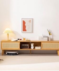 Table TV Console multimédia en Bambou, Porte coulissante en Maille, Meuble TV, Centre de Divertissement, Support TV pour téléviseurs jusqu'à 65 Pouces (Couleur : avec tiroir, Taille : 160 cm