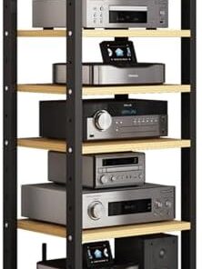 Support multimédia AV mobile à 6 niveaux, armoire moderne pour composants audio et vidéo, tour de rack audio robuste avec étagère en bois réglable en hauteur pour salon, jeux, salle d'enregi